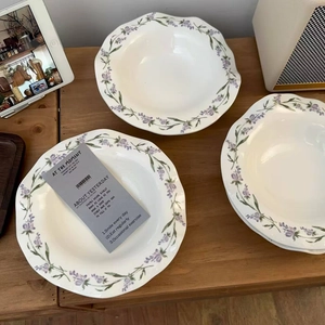 French vintage wavy ceramic plate set with purple lavender floral pattern for desserts