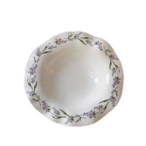 French vintage lavender ceramic plate with scalloped edges and floral garland design