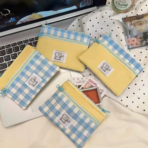 Canvas Coin Purse Checkered Double Zipper Portable Storage Bag For Earphones Lipstick Cartoon Dog Patch Korean Style