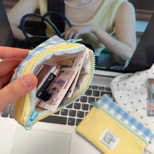 Minimalist blue and yellow plaid double-layer canvas zipper storage pouch with cute puppy patch