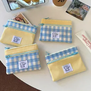 Plaid canvas double-layer zipper pouch set with cute cartoon dog for small items