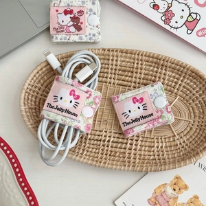Floral fabric cable organizer with cute cat embroidery and metal snap fastener