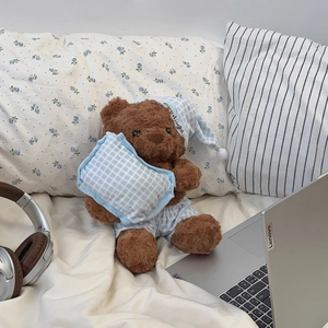 Cute teddy bear in blue checkered pajamas and sleep hat holding a small pillow