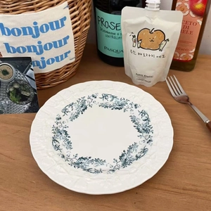 French floral ceramic dinner plate with blue patterns and embossed edges for desserts