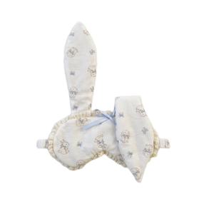 Cute bunny ear sleep mask with floral print, yellow lace trim, and blue ribbon accent