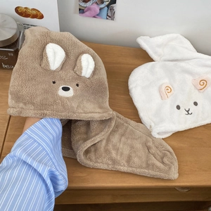 Absorbent coral fleece hair drying cap featuring cute 3D animal ears and soft texture