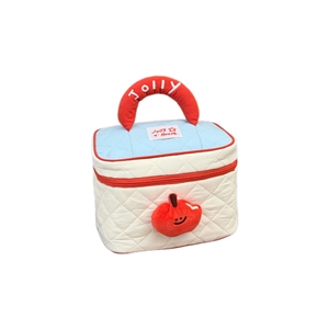 Quilted makeup bag with jolly embroidery, red handle, and cute apple charm detail
