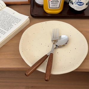 Japanese matte ink-splatter ceramic plate with stainless steel wooden handle cutlery set