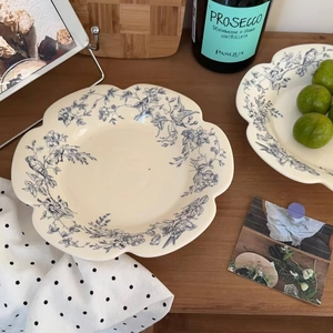 French vintage ceramic dinner plate with scalloped edges and blue floral bird patterns