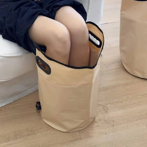 Portable beige folding foot bath bucket with high deep water level and sturdy handles