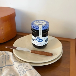Japanese style matte ink-wash ceramic pasta plate with a jar of premium blueberry jam