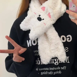 Écharpe mignonne en peluche blanche motif Westie avec broderie et fausse fourrure