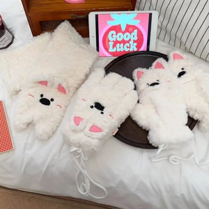 Gants chat en peluche blanche avec oreilles roses pour la chaleur hivernale douce