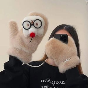 Plush beige cartoon puppy gloves with neck strap for winter warmth and wind protection