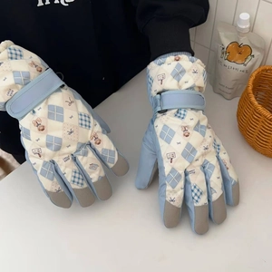 Waterproof winter ski gloves for women featuring cartoon bear print and adjustable straps