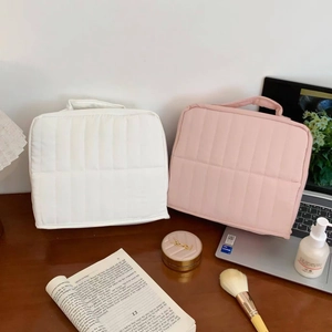 Detail of quilted cosmetic bags in white and pink with fabric handles and interior storage