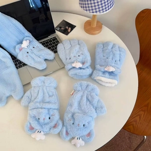 Blue plush cartoon animal gloves with cloud detail and thick fleece lining for winter