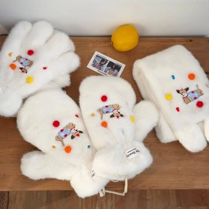 Cute dachshund winter glove set with white plush scarf and colorful pom-poms