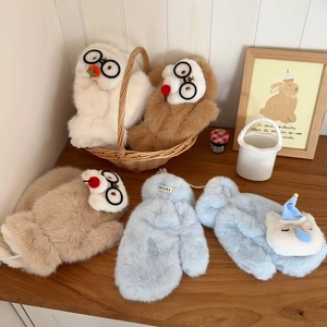 Women Winter Plush Gloves Cartoon Animal Glasses Decor Thickened Faux Fur Warm Mittens With Anti-Lost Neck Lanyard