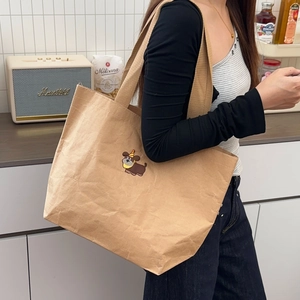 Cartoon puppy brown kraft paper tote bag with large capacity for daily commuting