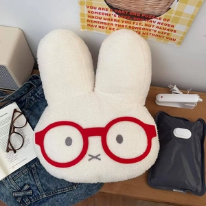 Detail of plush rabbit electric hot water bag with red glasses, charger and spare cover