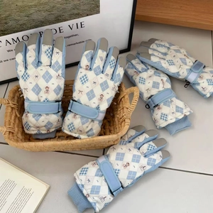 Waterproof light blue winter ski gloves with cartoon bear patterns and non-slip palm grip