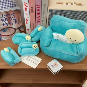Macro detail of cute plush green sofa tissue box cover and matching mini coin pouches