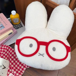 Detail of plush white rabbit hot water bottle cover with red glasses on wooden desk