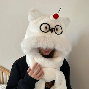 3-In-1 Cappello Sciarpa E Guanti Peluche Cartone Animato Gatto Orso Occhiali Ispessito Caldo Antivento Esterno Per Donna