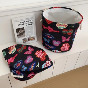Collapsible vintage heart laundry basket with colorful prints and thick cotton rope handles