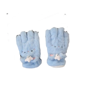 Cute light blue plush gloves with cartoon embroidery and soft 3D decorative accents