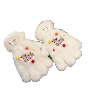 Cute dachshund plush gloves for women with cartoon embroidery and 3D colorful pom-poms
