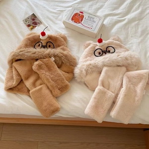 Set 3-in-1 cappello sciarpa guanti in peluche gatto con occhiali beige e marrone