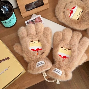 Detailed plush winter gloves with cute 3D character decor and brand label on wrist