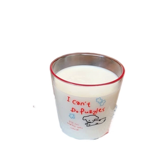 Minimalist heat-resistant glass cup with red rim and cute cartoon dog illustration