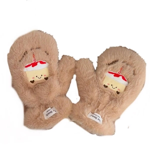 Light brown plush mittens with cute cake embroidery and warm faux fur for winter