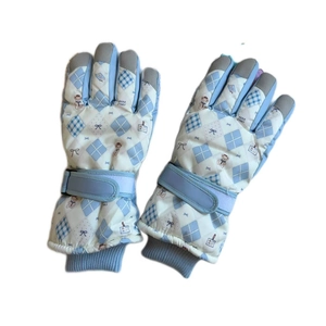 Waterproof thermal ski gloves for women featuring blue bear pattern and touch screen design