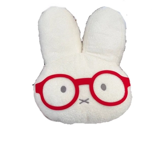 Cute white plush rabbit hot water bottle with red glasses and embroidered bunny face