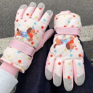 Rosa Winter Skihandschuhe für Mädchen mit süßem Welpenprint und wasserfestem Stoff