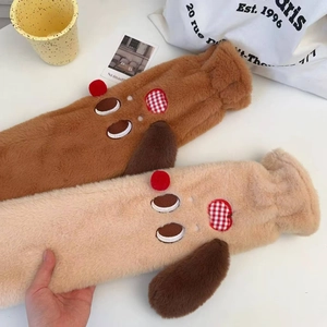 Cartoon dachshund plush hot water bottle covers in caramel and beige colors