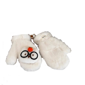 Cozy white plush mittens for women with cute cartoon glasses and soft pom-pom details
