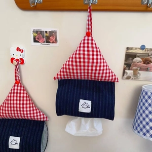 Hanging house-shaped tissue box holder with red plaid roof and blue striped cat design