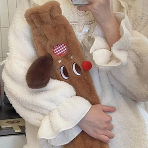 Cute cartoon dachshund long hot water bottle with brown plush cover for winter warmth