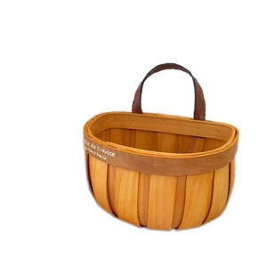 Nordic woven wood basket with leather handle for kitchen storage and French rustic decor