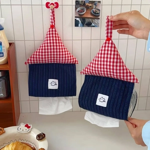 Creative house-shaped tissue box holder in red and blue fabric with a hanging loop