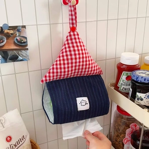 Hanging house-shaped tissue box holder with red plaid roof and cat patch design