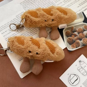 Macro detail of plush capybara baguette pendant with silver metal swivel hook for bags
