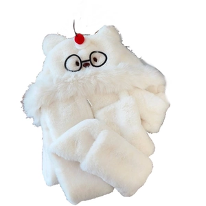 Set 3 in 1 cappello sciarpa e guanti in peluche bianco con occhiali da gatto per donna