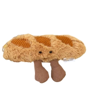 Cute plush baguette keychain with dangling legs and embroidered face for bag decor