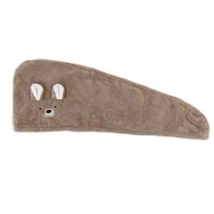 Brown coral fleece hair drying towel with cute cartoon bear design on white background